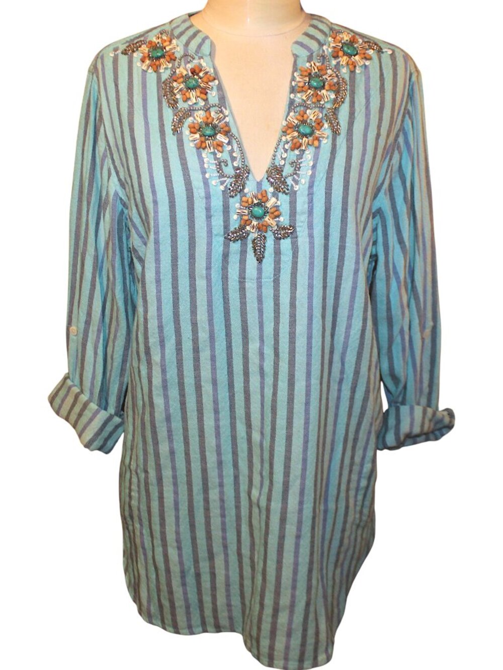 Soft Surroundings Beaded Tunic Top Large Blue Striped Cotton
